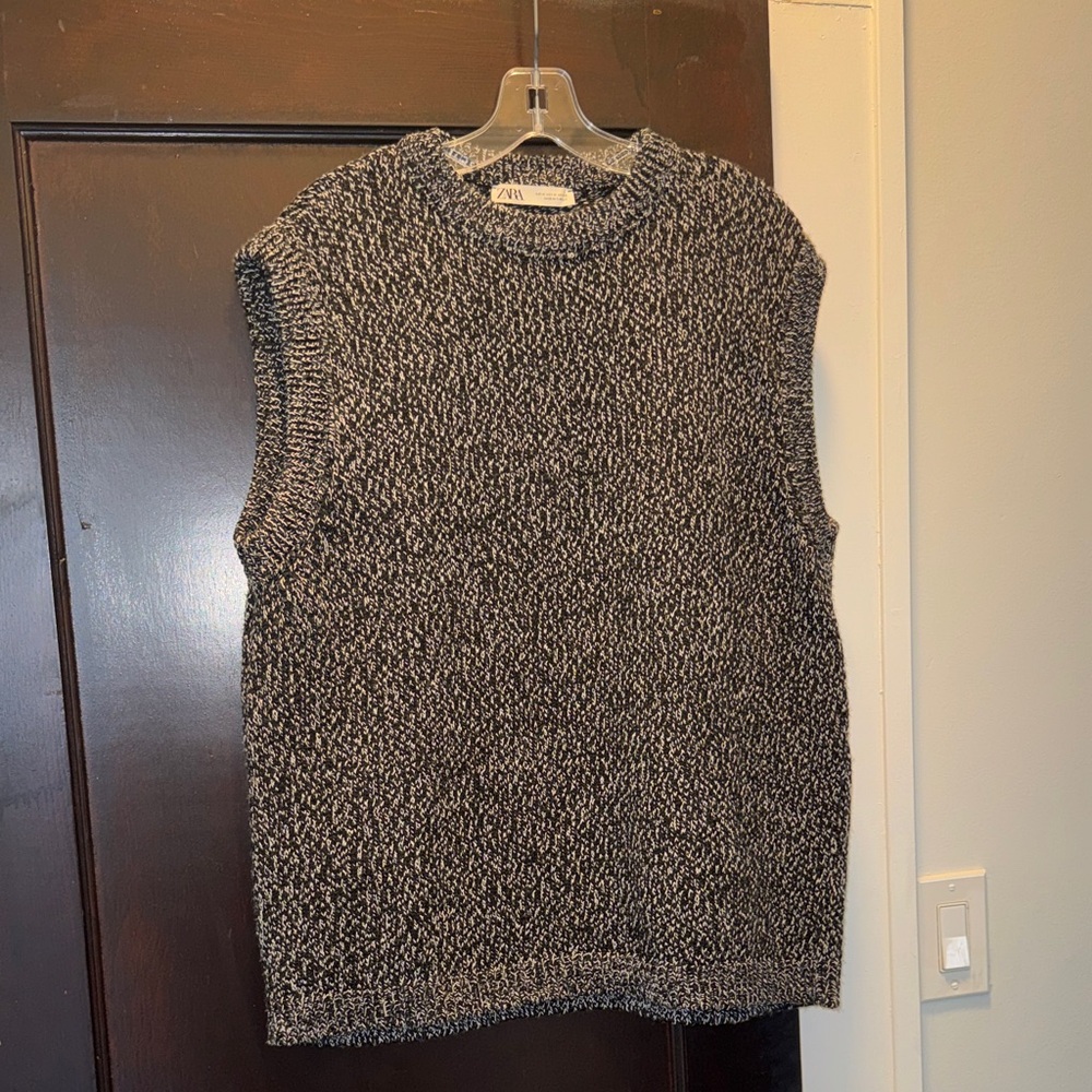 Zara Black & White Marled Oversized Crewneck Sweater Vest